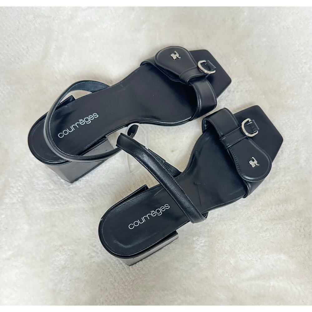 Courrèges Black Leather Platform Sandals – Square Toe Buckle Strap Heels